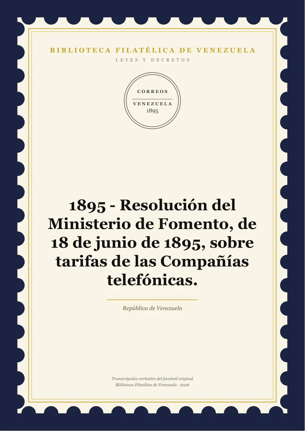 Portada de Telégrafos y Telecomunicaciones — 1895 - Resolución del Ministerio de Fomento, de 18 de junio de 1895, sobre tarifas de las Compañías telefónicas.