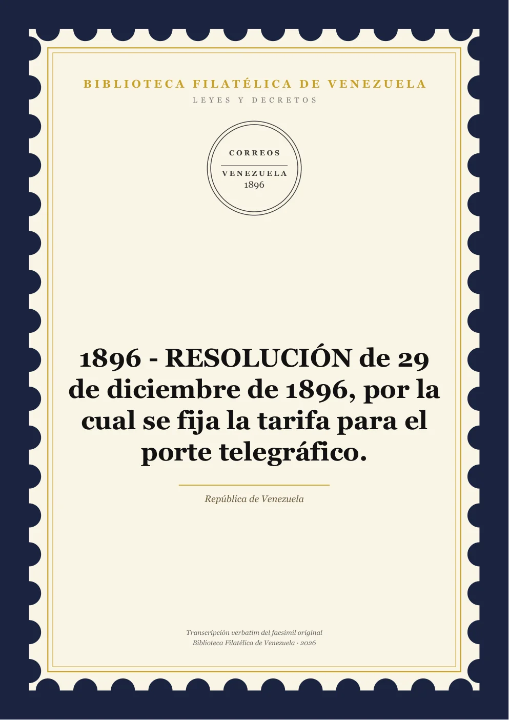 Portada de Telégrafos y Telecomunicaciones — 1896 - RESOLUCIÓN de 29 de diciembre de 1896, por la cual se fija la tarifa para el porte telegráfico.