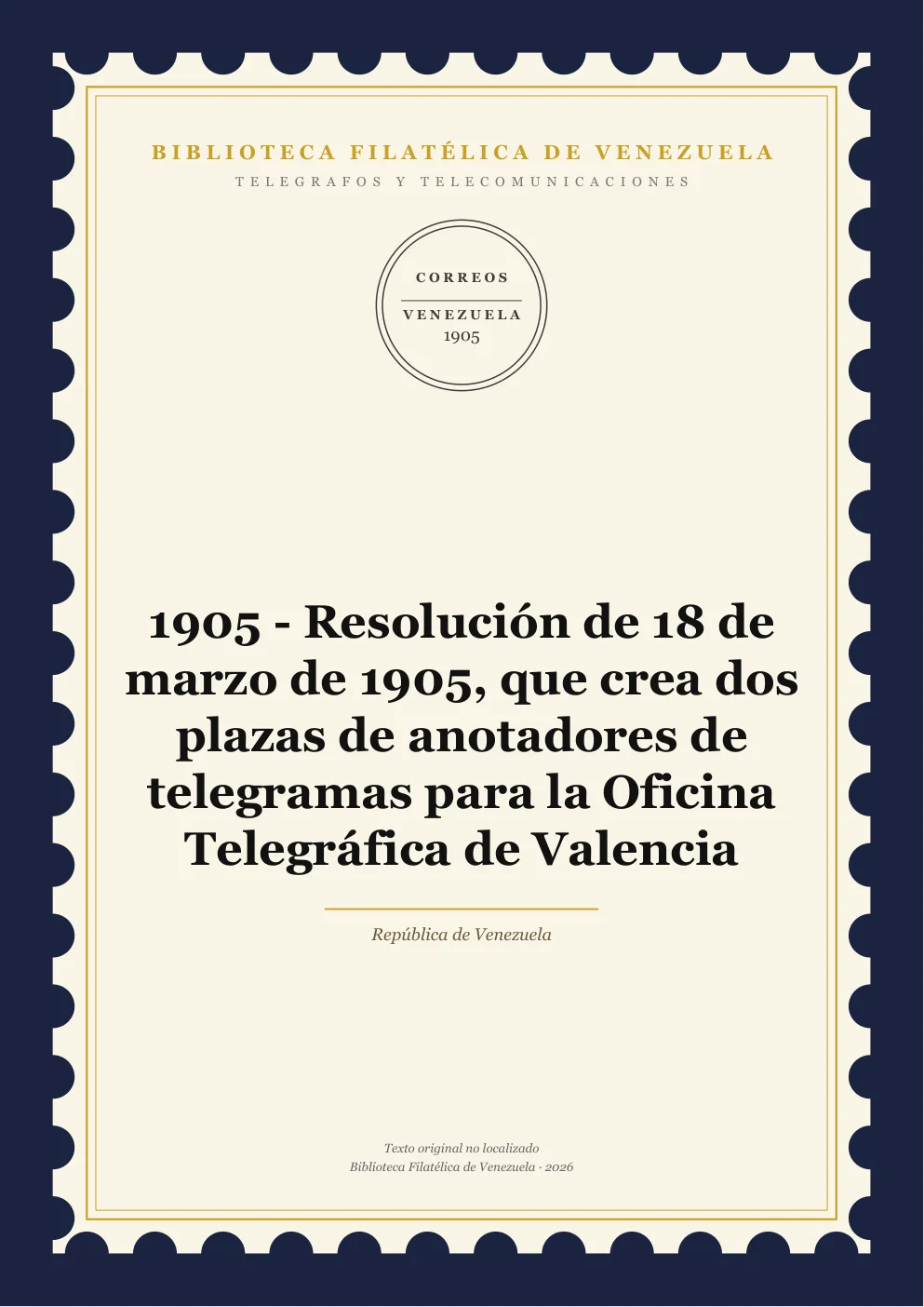 Portada de Telégrafos y Telecomunicaciones — 1905 - Resolución de 18 de marzo de 1905, que crea dos plazas de anotadores de telegramas para la Oficina Telegráfica de Valencia