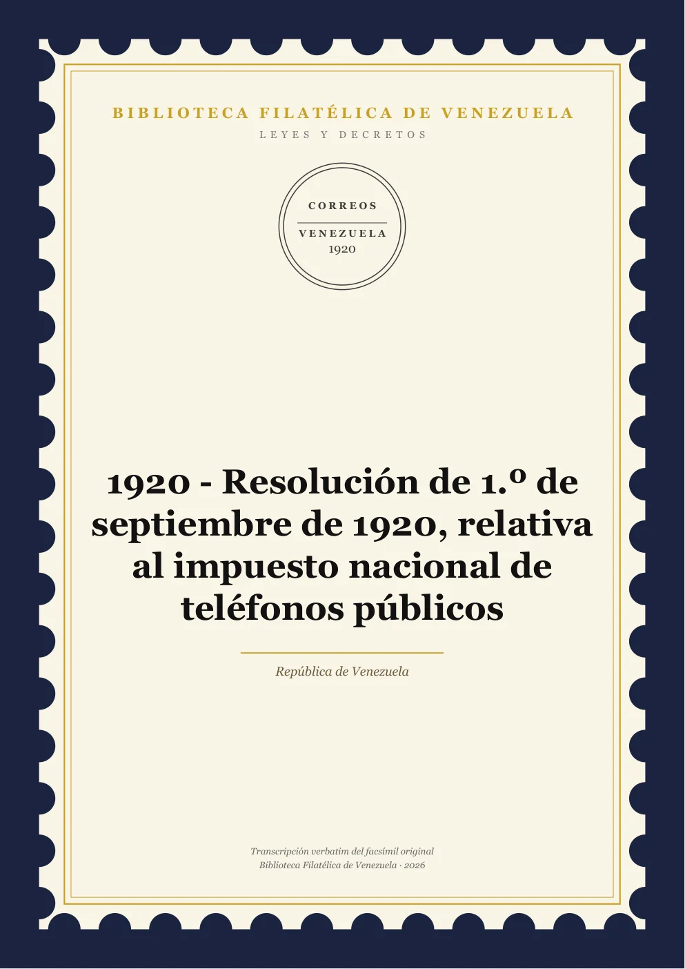 Portada de Telégrafos y Telecomunicaciones — 1920 - Resolución de 1.º de septiembre de 1920, relativa al impuesto nacional de teléfonos públicos
