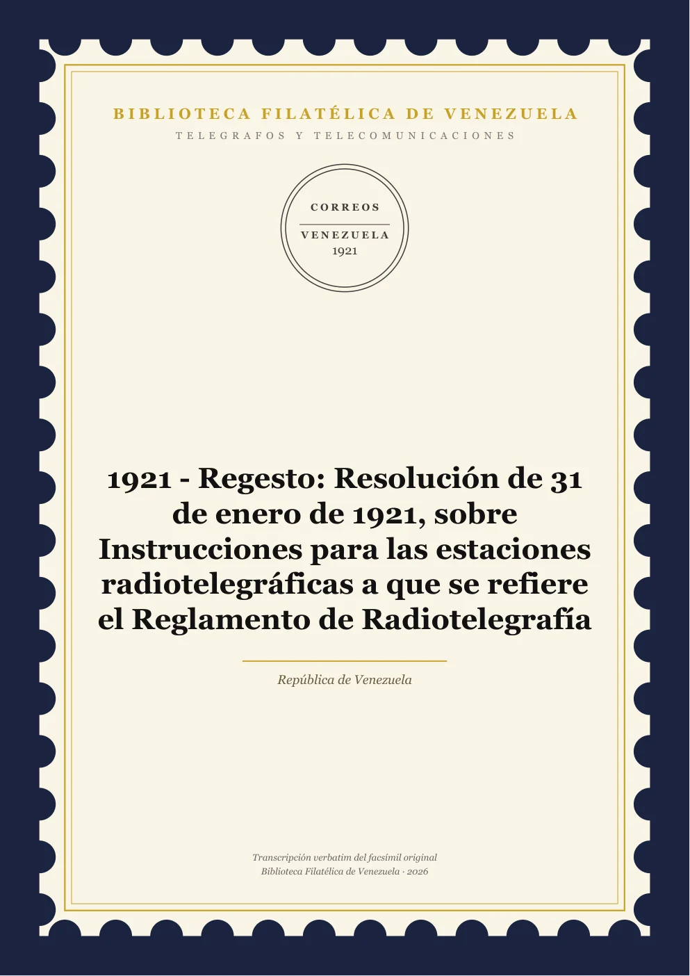 Portada de Telégrafos y Telecomunicaciones — 1921 - Regesto: Resolución de 31 de enero de 1921, sobre Instrucciones para las estaciones radiotelegráficas a que se refiere el Reglamento de Radiotelegrafía