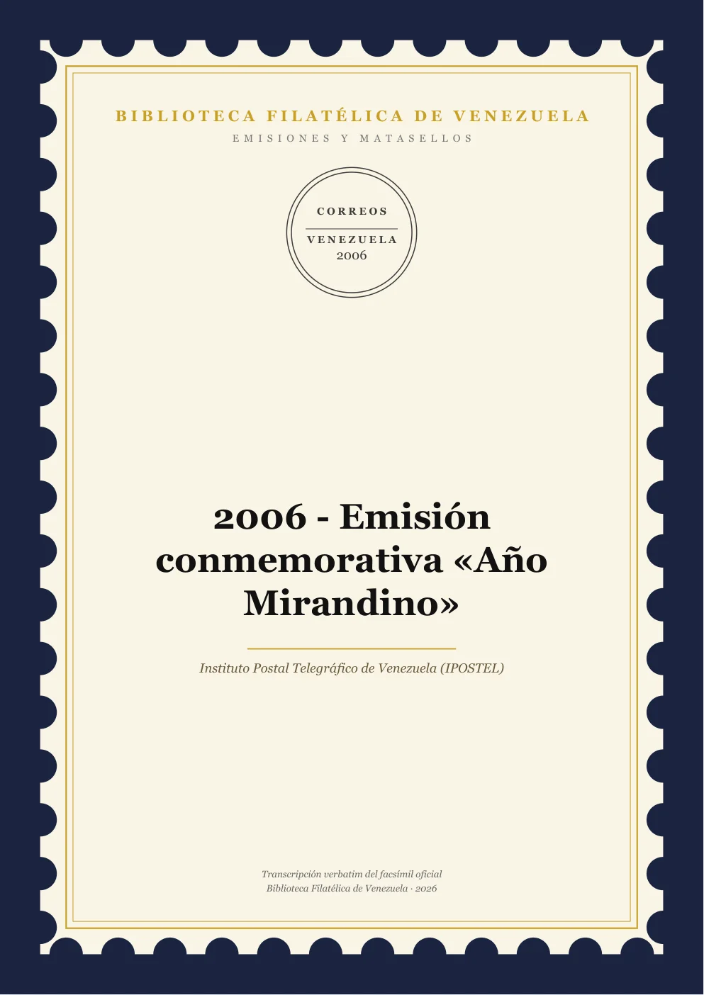 Portada de Emisiones y Matasellos — 2006 - Emisión conmemorativa «Año Mirandino»