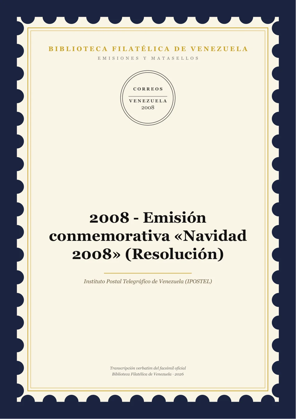 Portada de Emisiones y Matasellos — 2008 - Emisión conmemorativa «Navidad 2008» (Resolución)