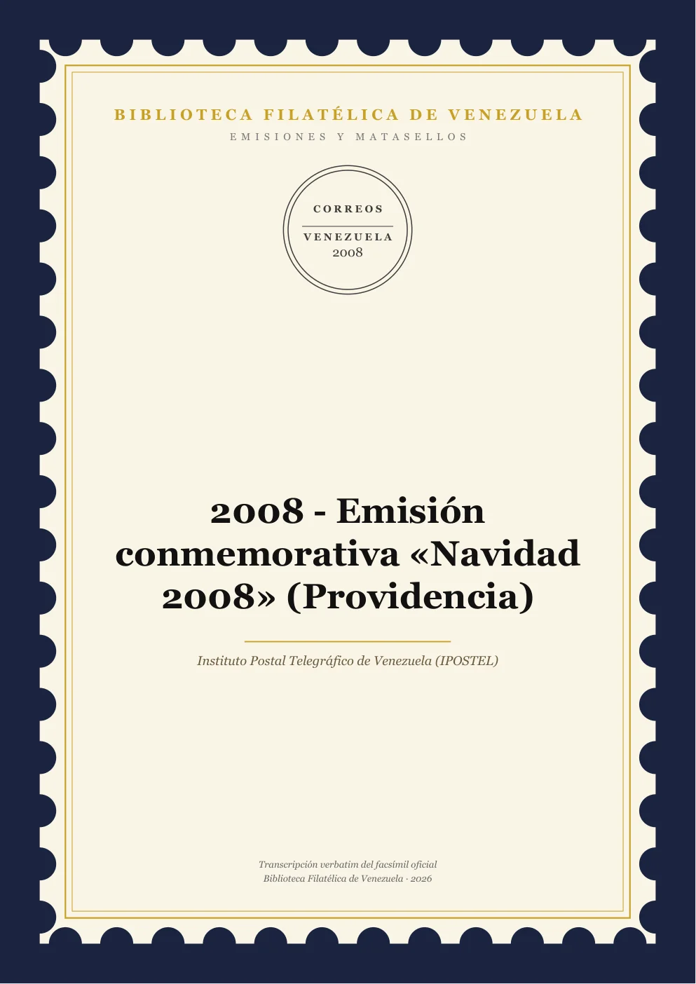 Portada de Emisiones y Matasellos — 2008 - Emisión conmemorativa «Navidad 2008» (Providencia)