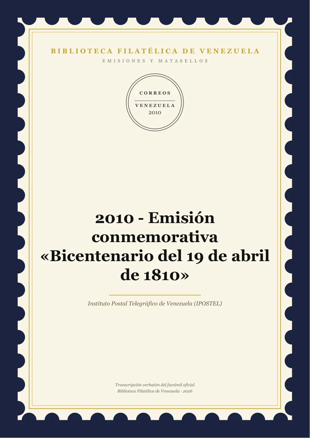Portada de Emisiones y Matasellos — 2010 - Emisión conmemorativa «Bicentenario del 19 de abril de 1810»